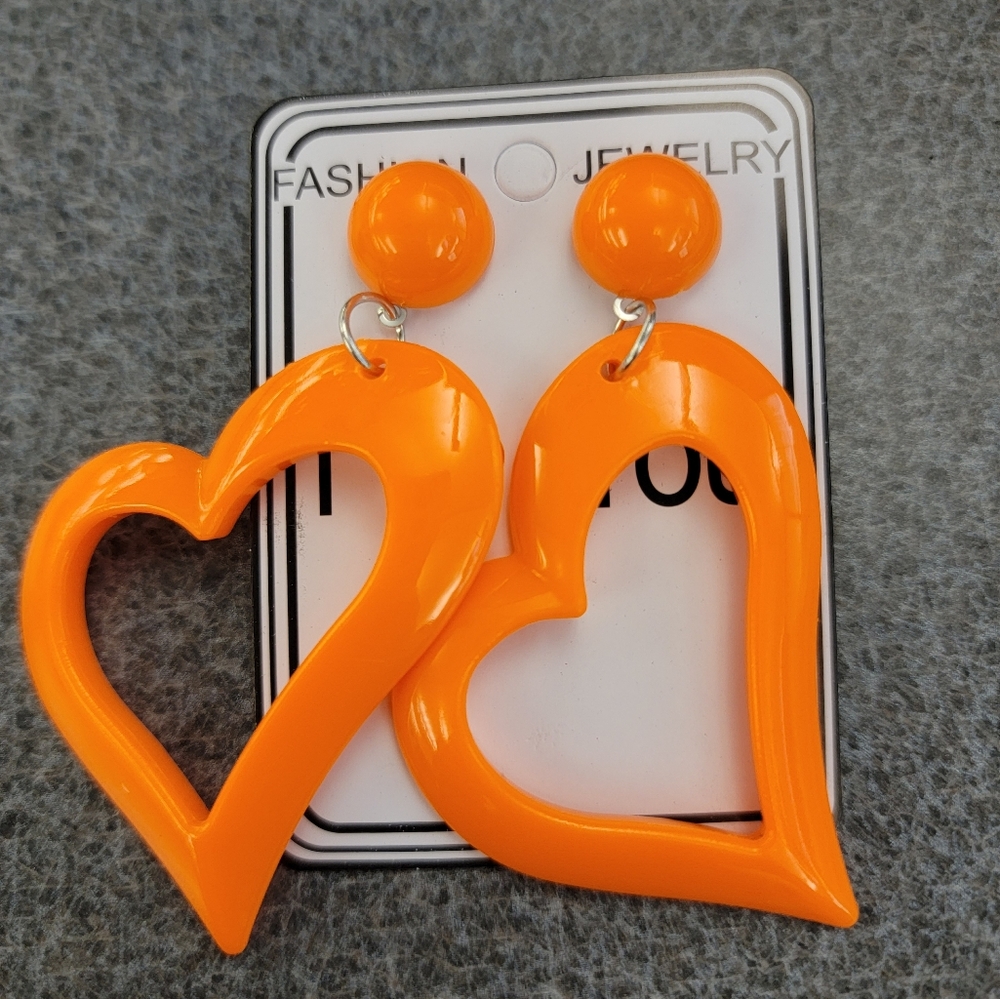 Fluorescent Orange Heart DanglevEarrings